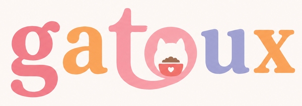 The word 'gatoux' is spelled out in a playful multicolor font on a light cream background. The letter 'a' is pink, 't' is orange, 'o' is split into pink and purple with a small cat head inside, and 'u' and 'x' are orange.